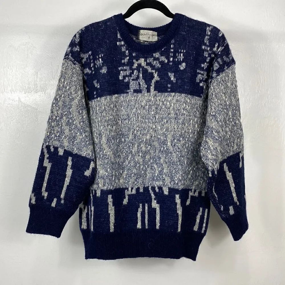 Paul Fourticq Vintage Alpaca Blend White Gray Crew Neck Pullover Sweater